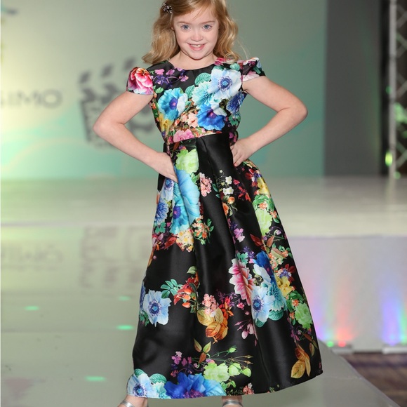 YDAMY'S SIMO Couture Black Floor Length Bright Florals Gown Girls Sz 6X-7